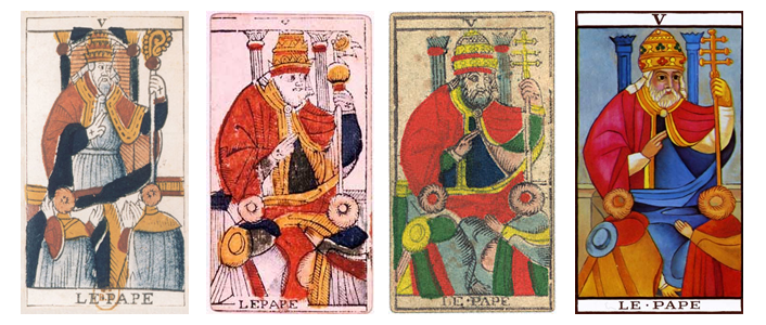 Four images of the Pope Trump from the Tarot de Marseille
